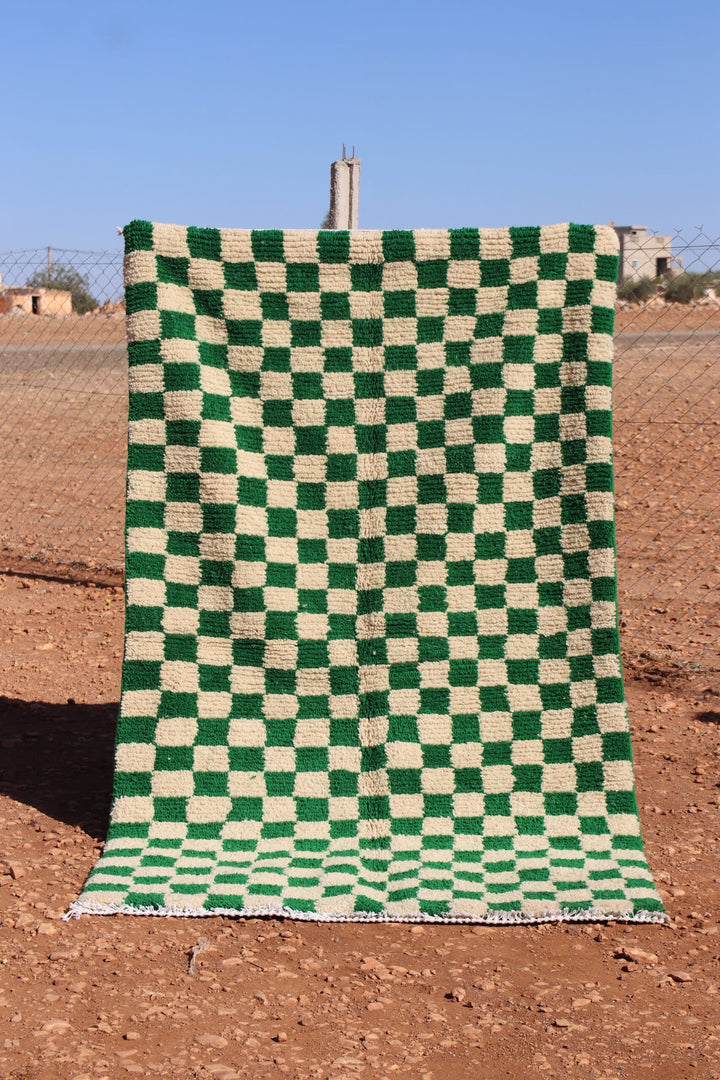 Moroccan Wool Green Checkered Rug