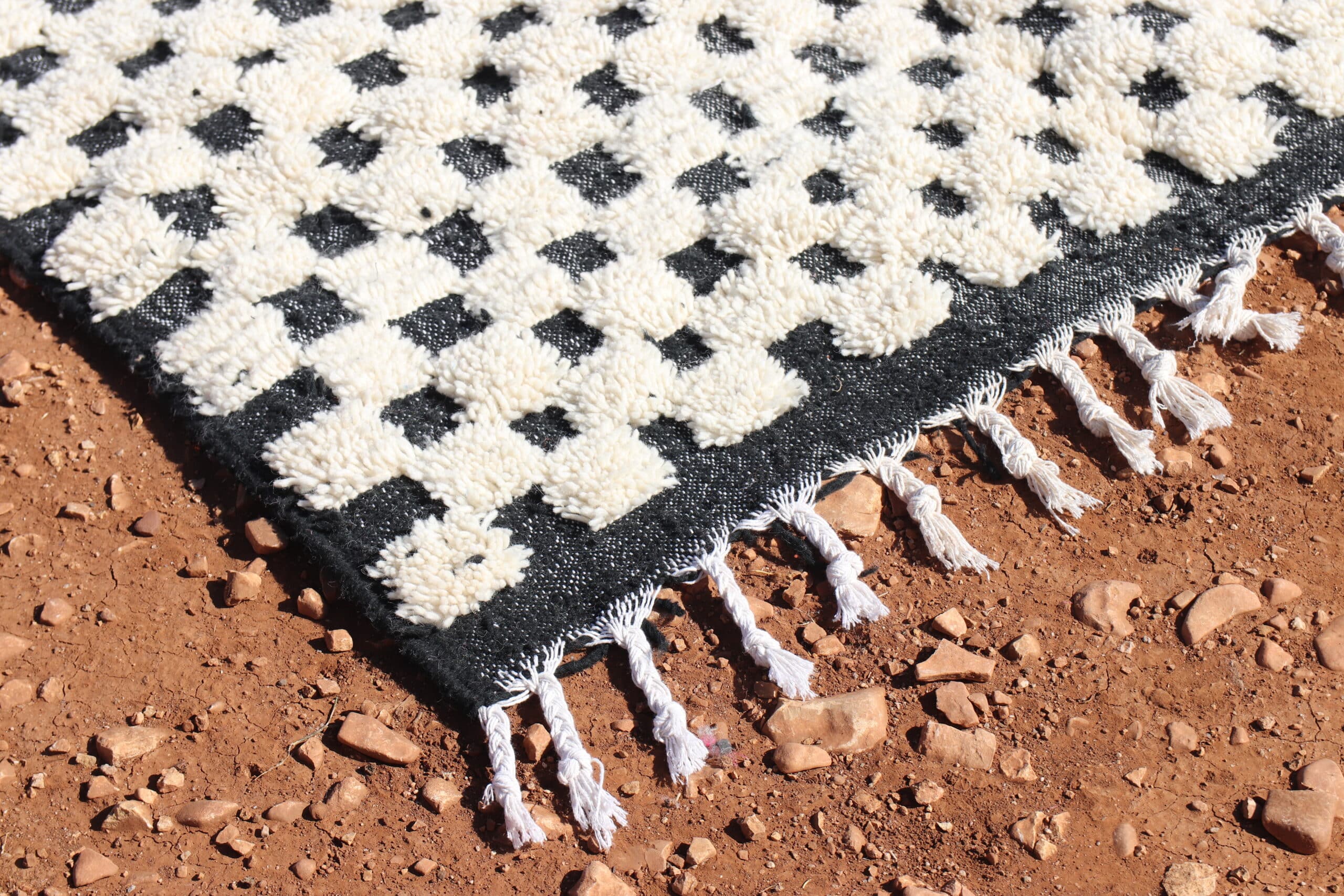 Moroccan Wool Black and White Checkered Rug - image 6