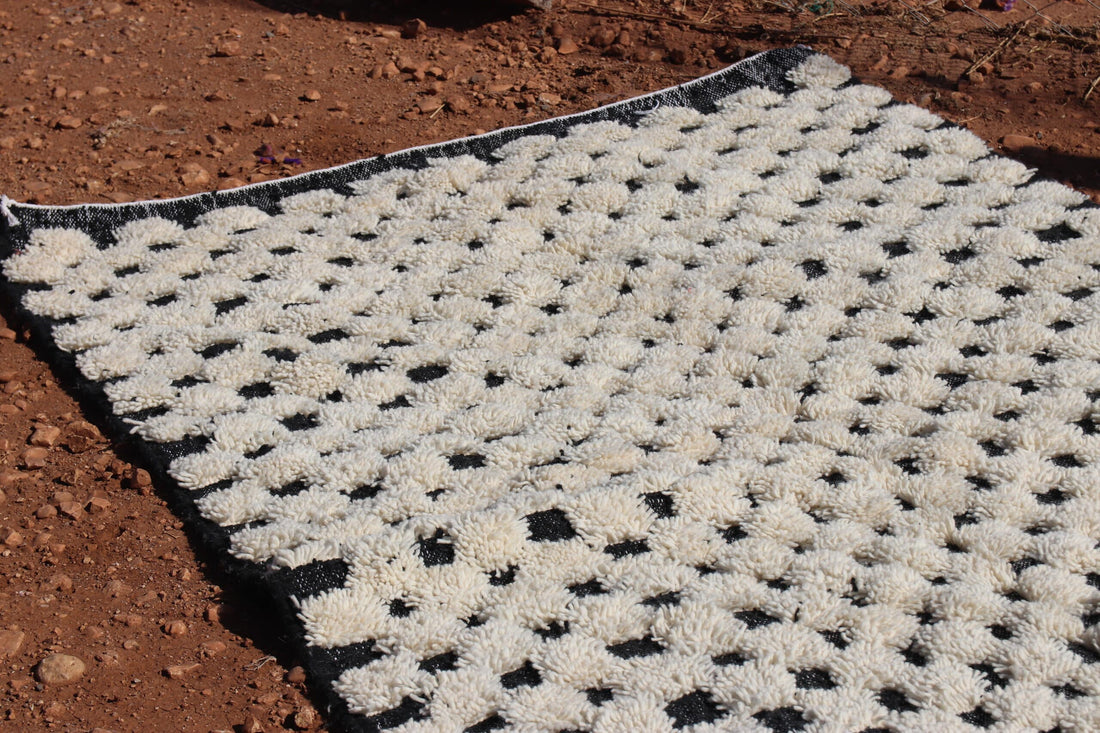 Moroccan Wool Black and White Checkered Rug - image 5