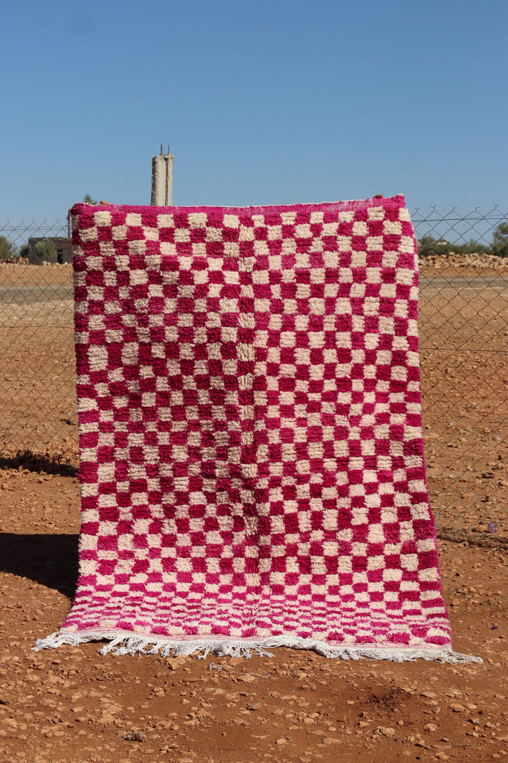 White and Pink Moroccan Berber Checkered Rug