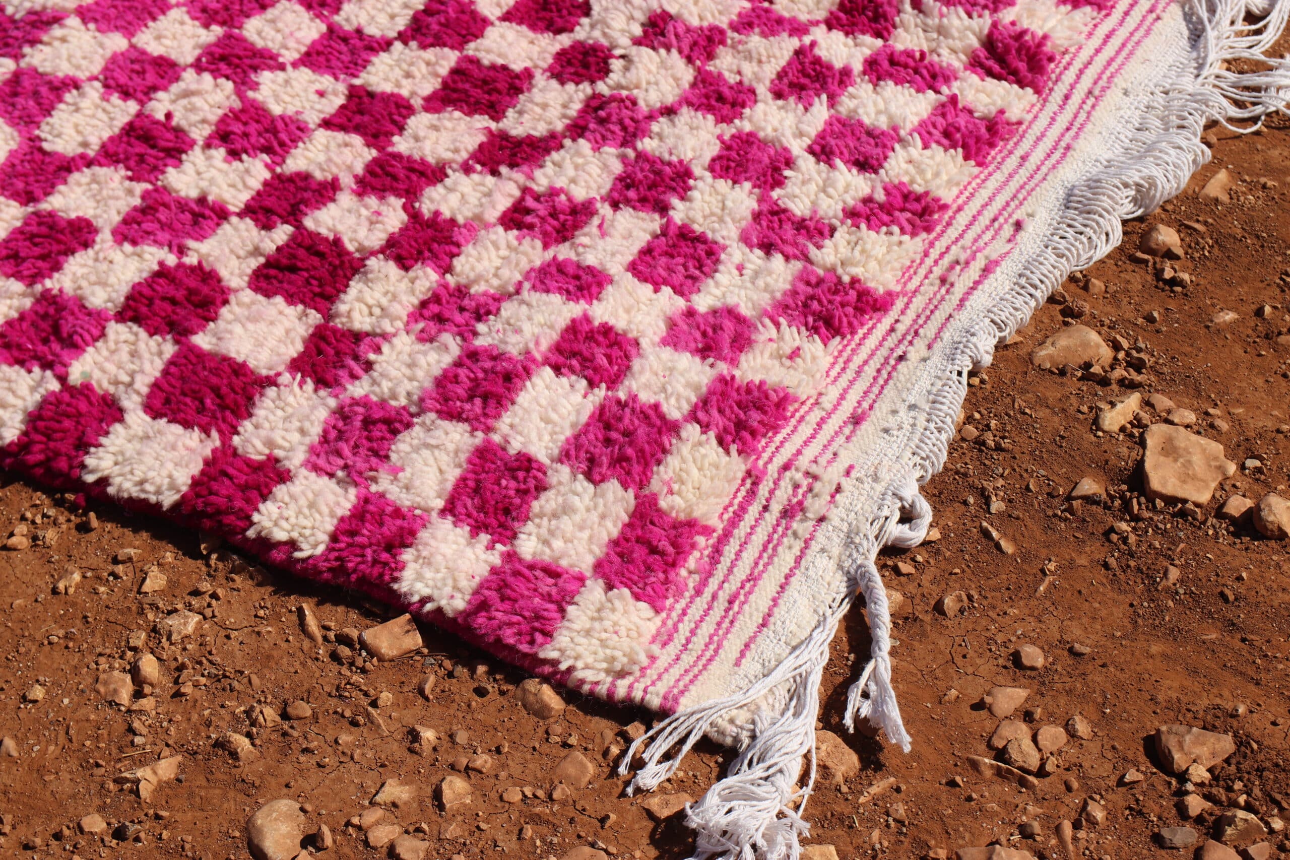 White and Pink Moroccan Berber Checkered Rug - image 4