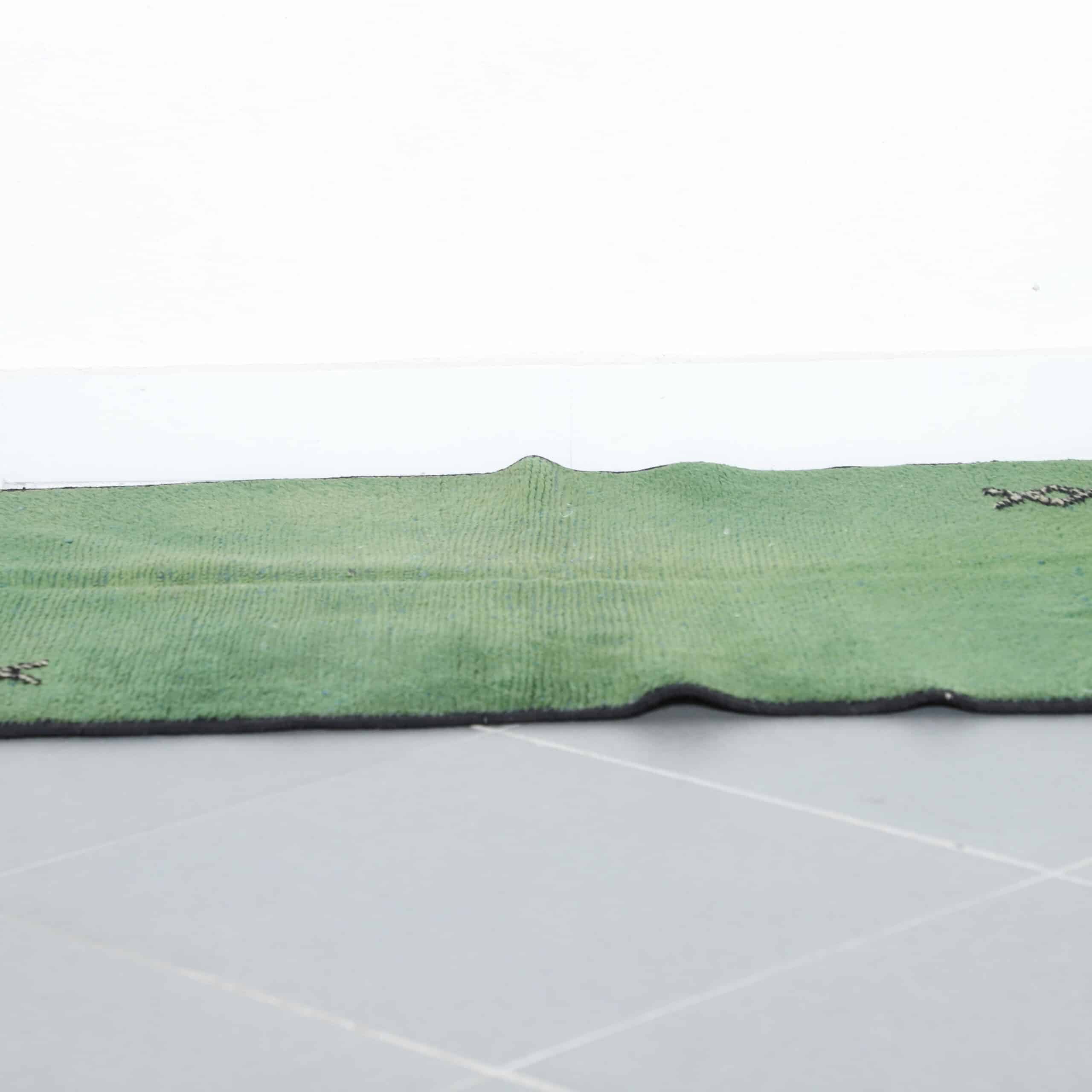 Handmade Green Moroccan Beni Ouarain Rug with Minimalist Berber Symbols