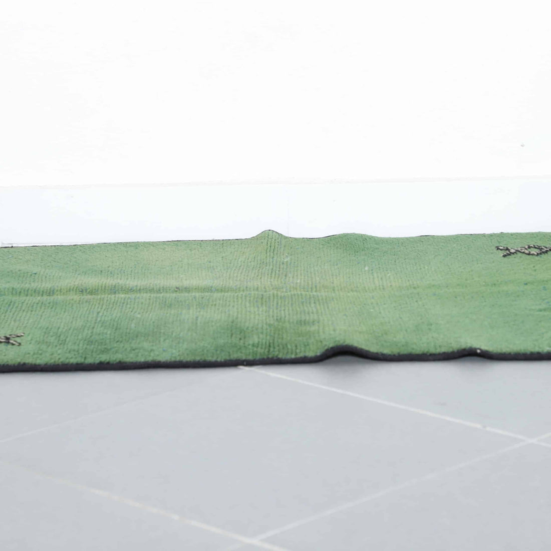Handmade Green Moroccan Beni Ouarain Rug with Minimalist Berber Symbols