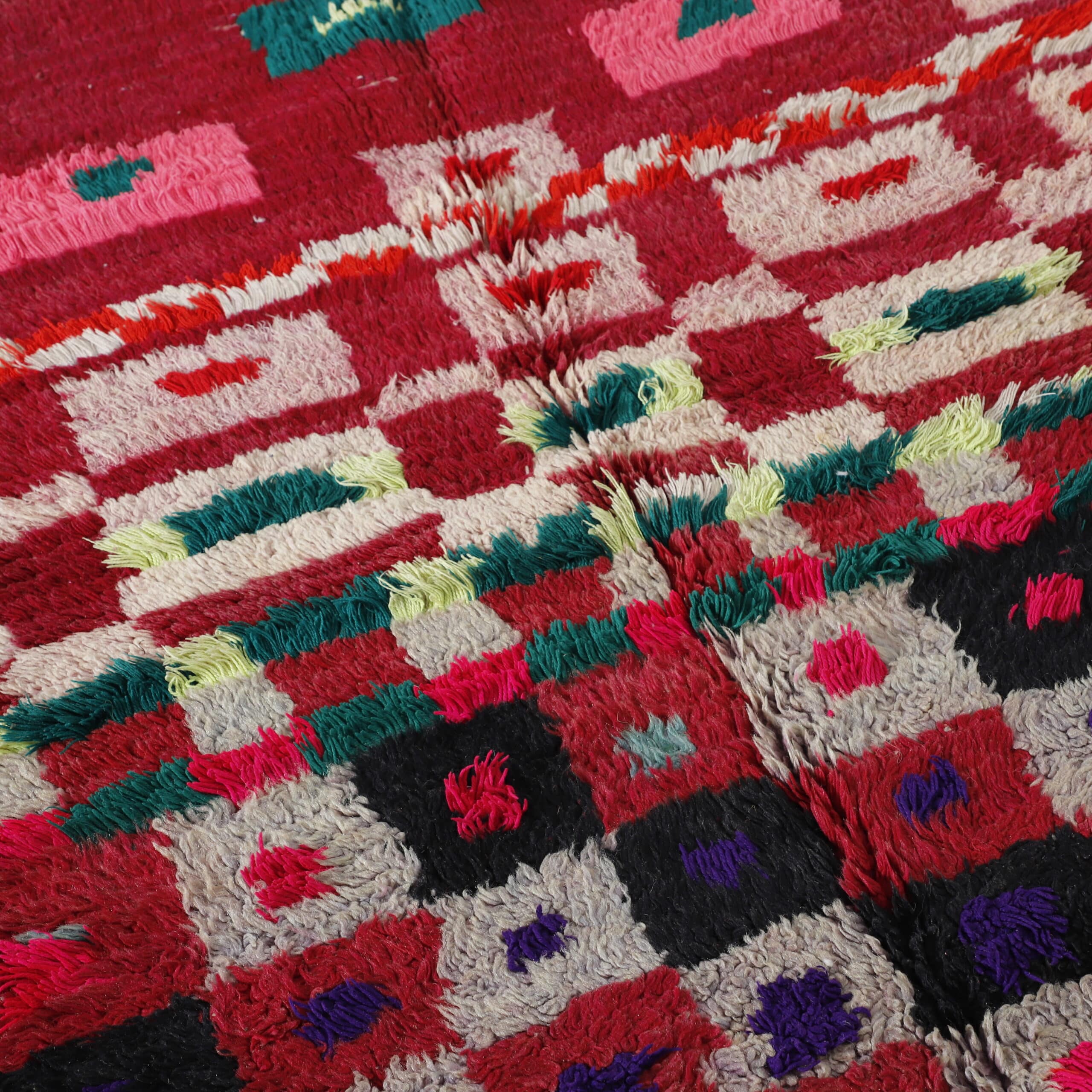 Handmade Colorful Moroccan Boucherouite Rug with Geometric Patchwork