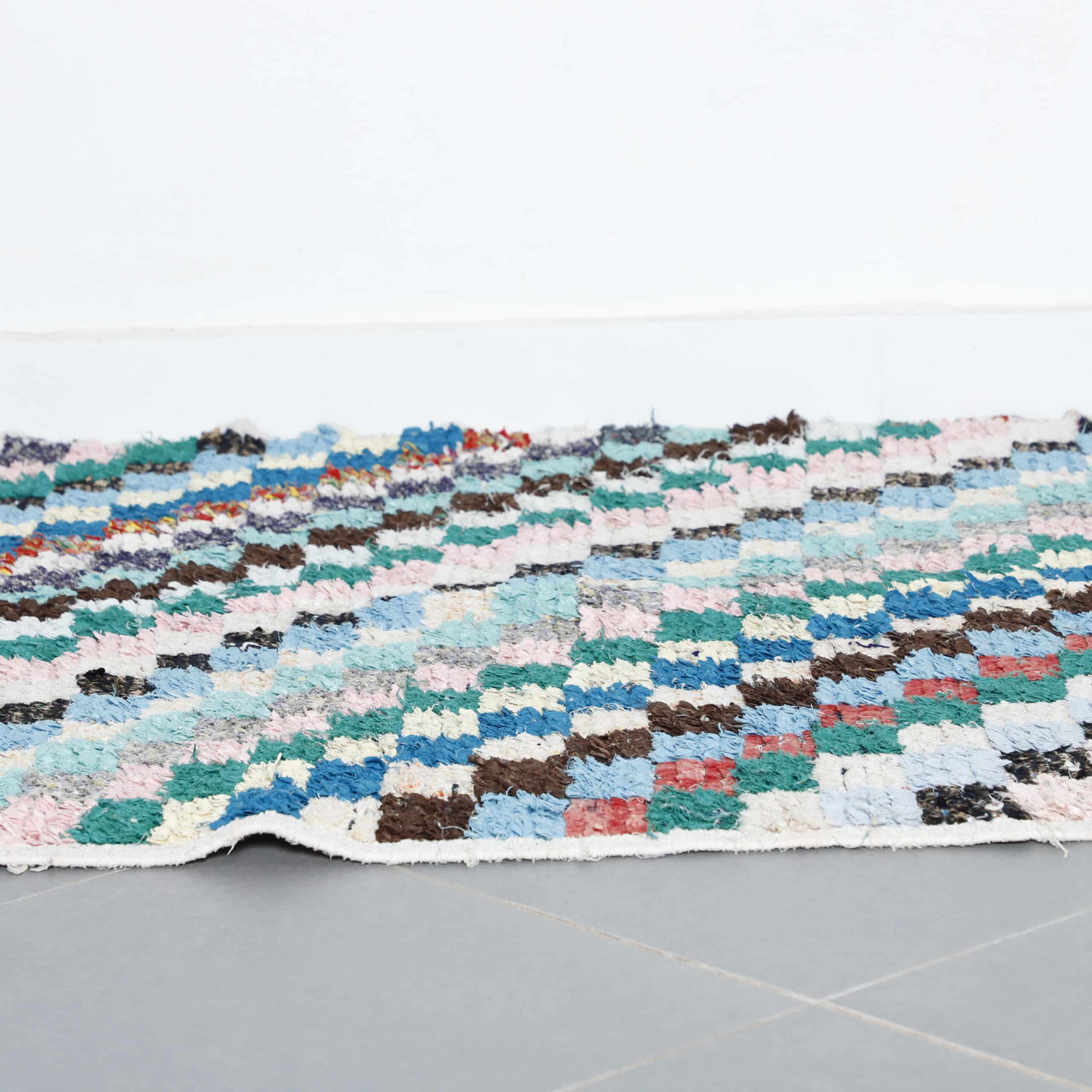 Colorful Moroccan Boucherouite Rug with Checkerboard Design