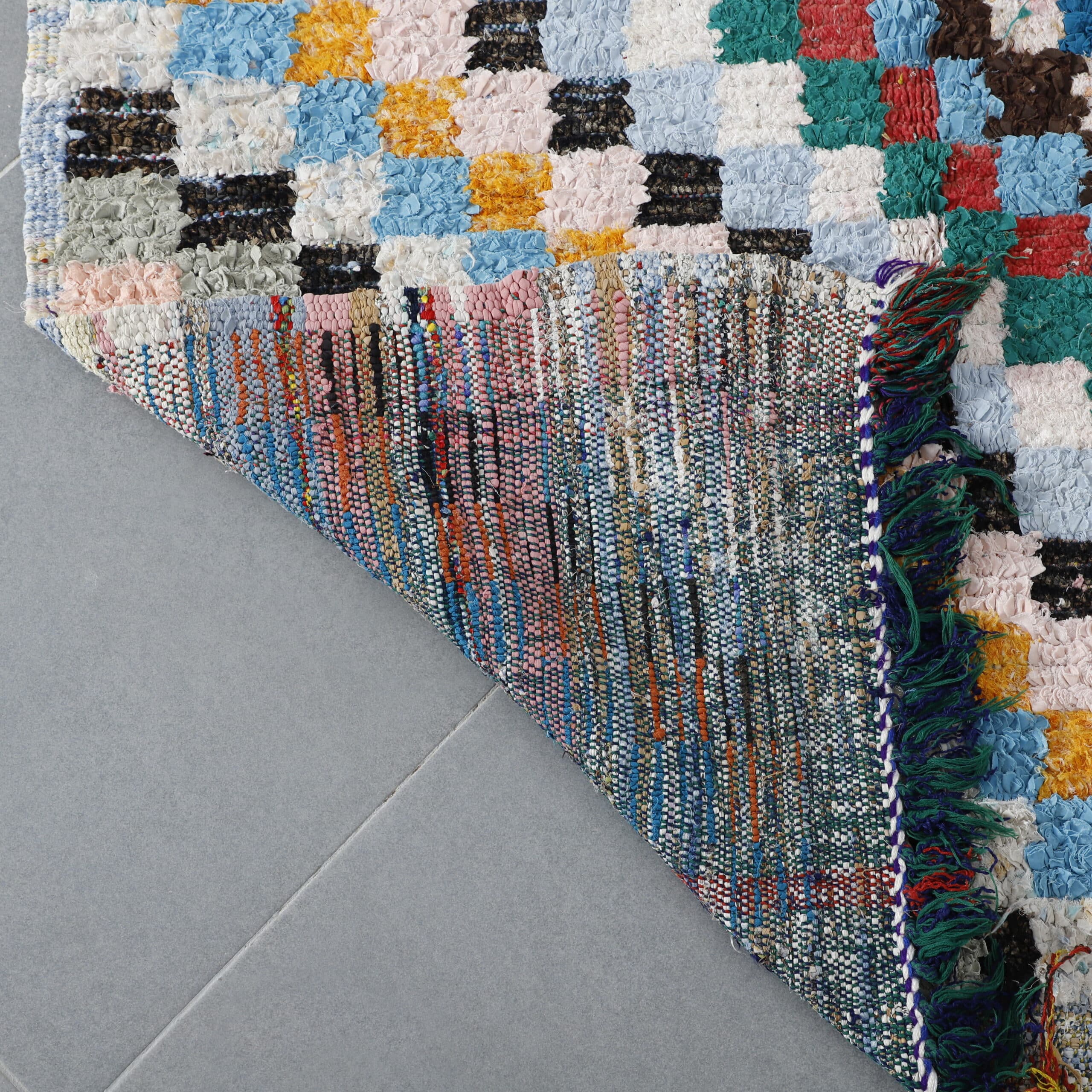 Colorful Moroccan Boucherouite Rug with Checkerboard Design