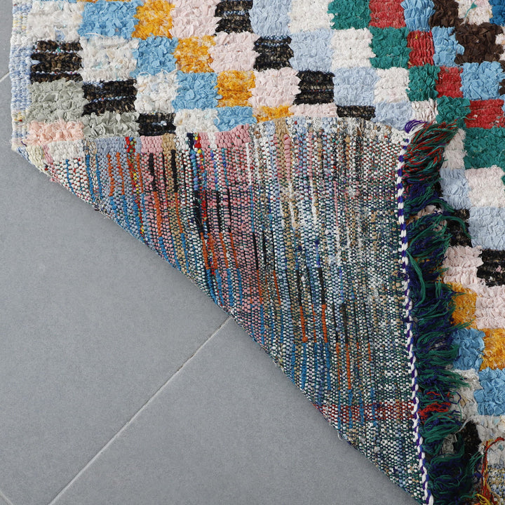 Colorful Moroccan Boucherouite Rug with Checkerboard Design