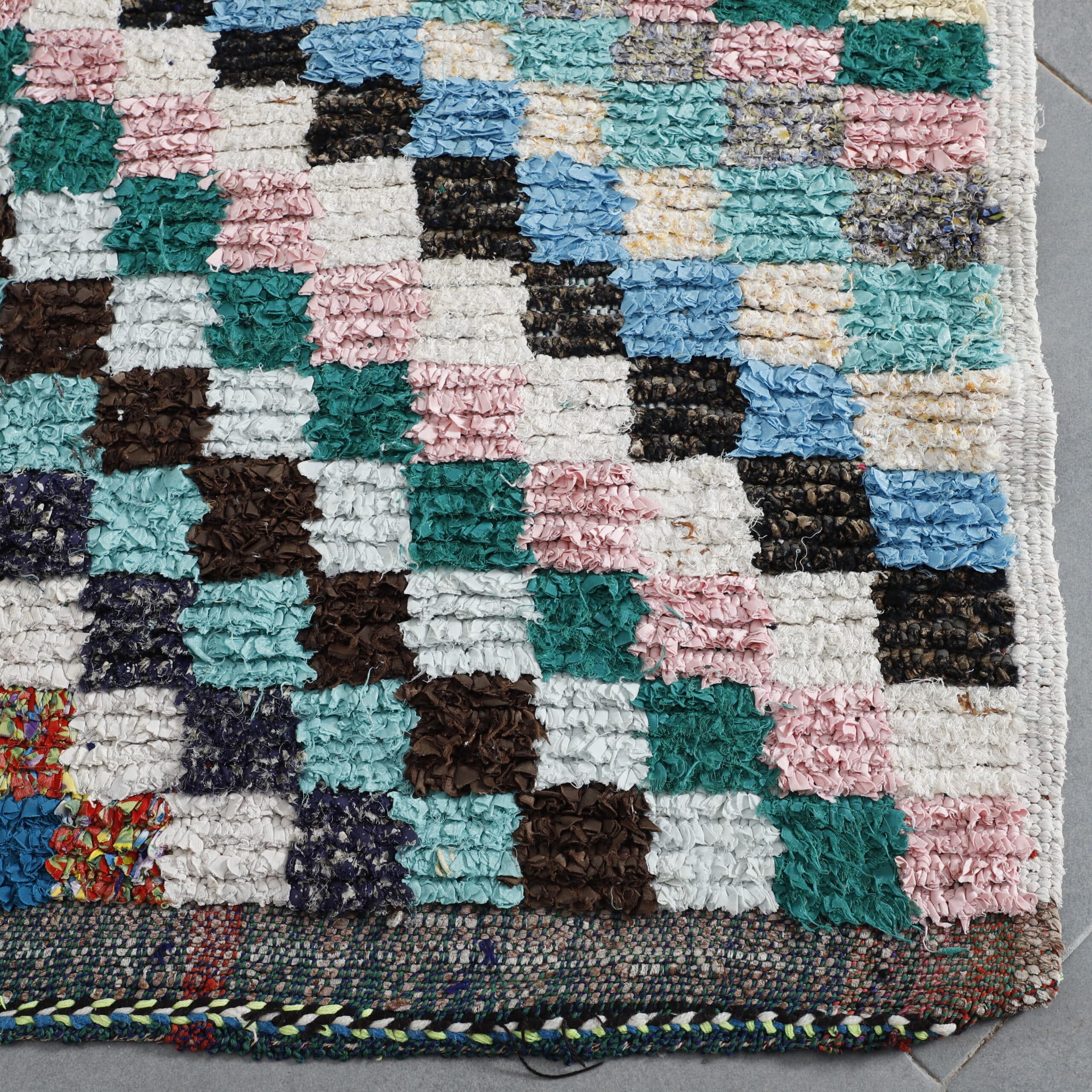 Colorful Moroccan Boucherouite Rug with Checkerboard Design