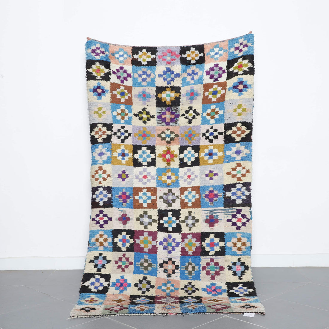 Colorful Moroccan Boucherouite Rug with Floral Checkerboard
