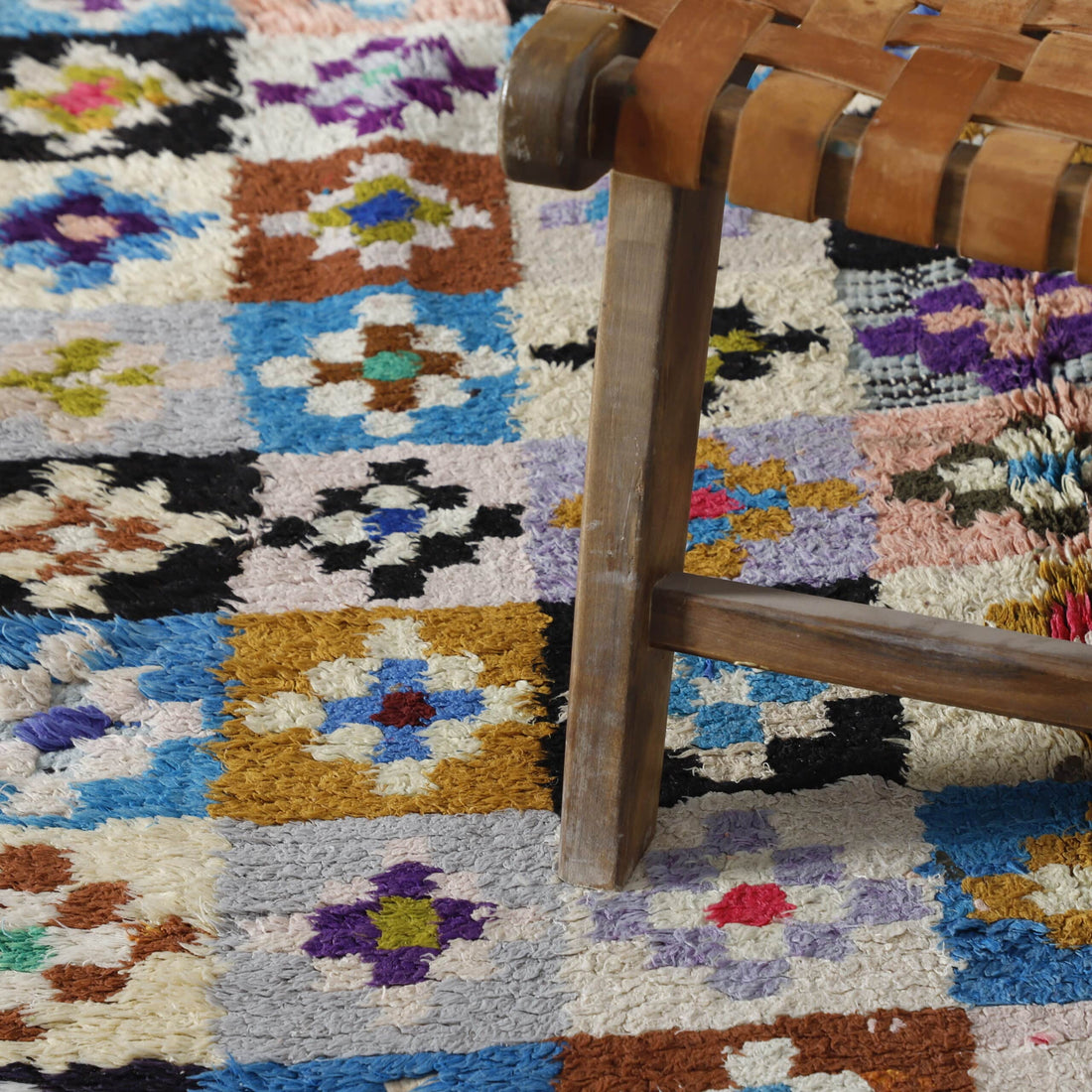 Colorful Moroccan Boucherouite Rug with Floral Checkerboard