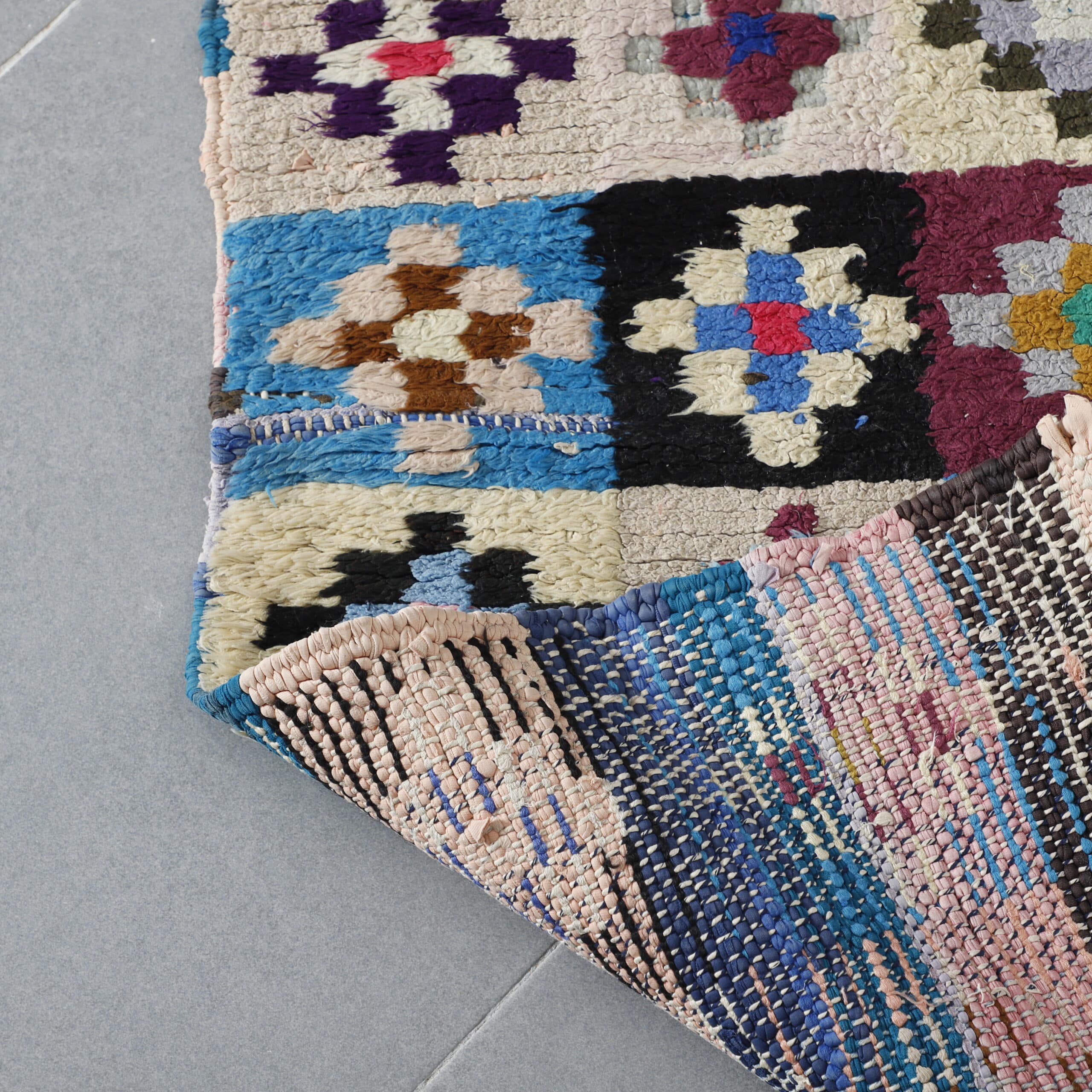Colorful Moroccan Boucherouite Rug with Floral Checkerboard