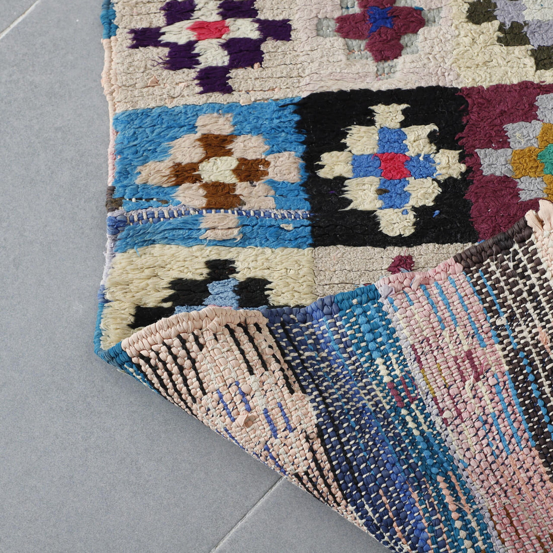 Colorful Moroccan Boucherouite Rug with Floral Checkerboard