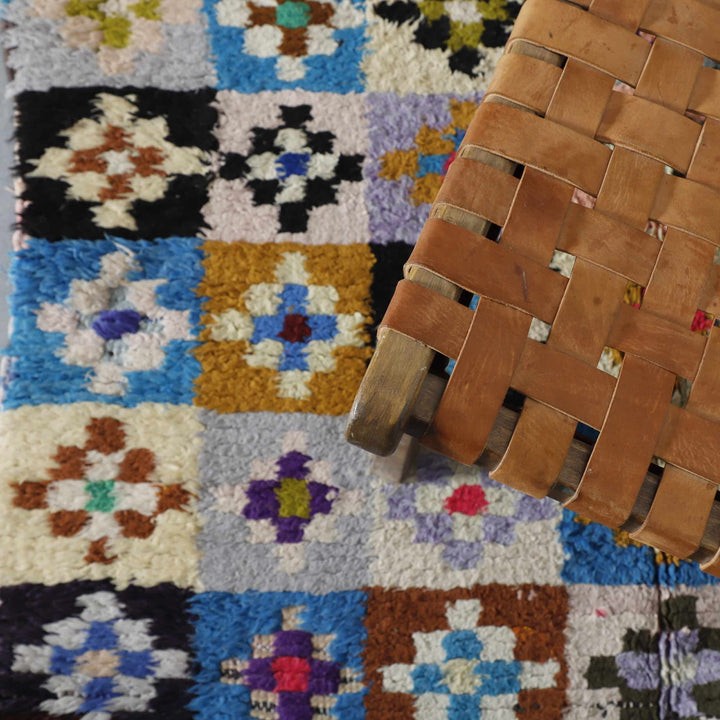 Colorful Moroccan Boucherouite Rug with Floral Checkerboard