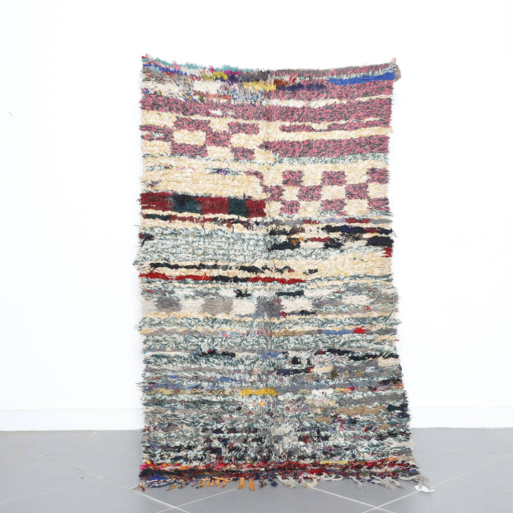 Colorful Moroccan Boucherouite Rug with Stripes and Checks