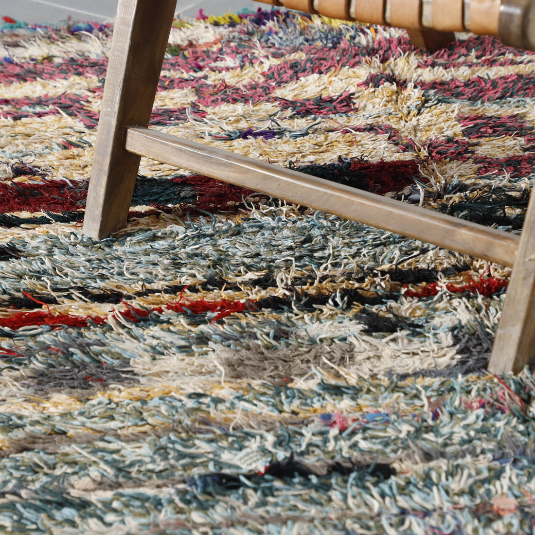 Colorful Moroccan Boucherouite Rug with Stripes and Checks