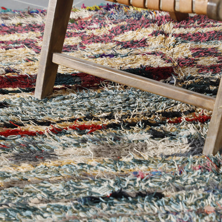 Colorful Moroccan Boucherouite Rug with Stripes and Checks