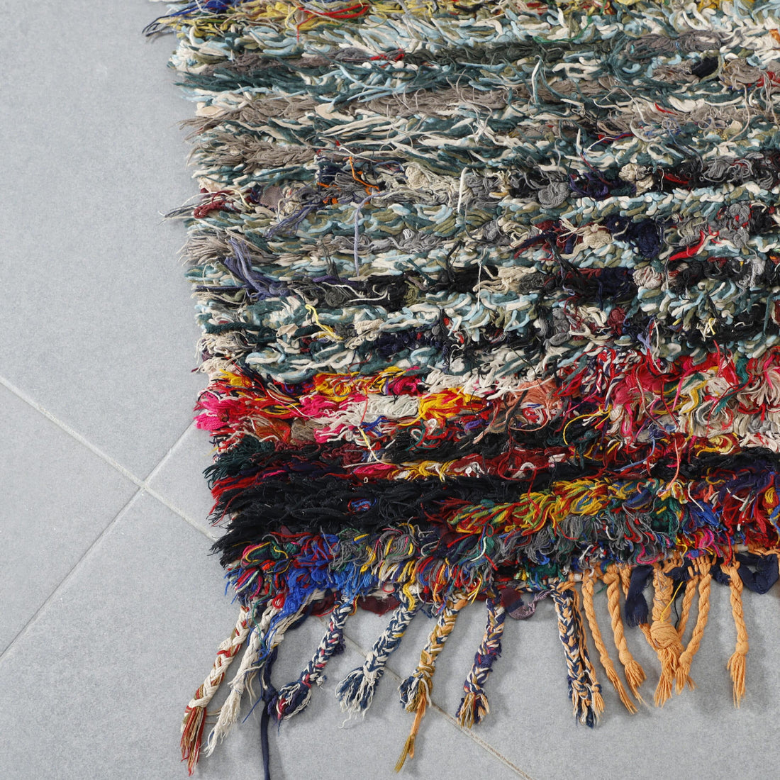 Colorful Moroccan Boucherouite Rug with Stripes and Checks
