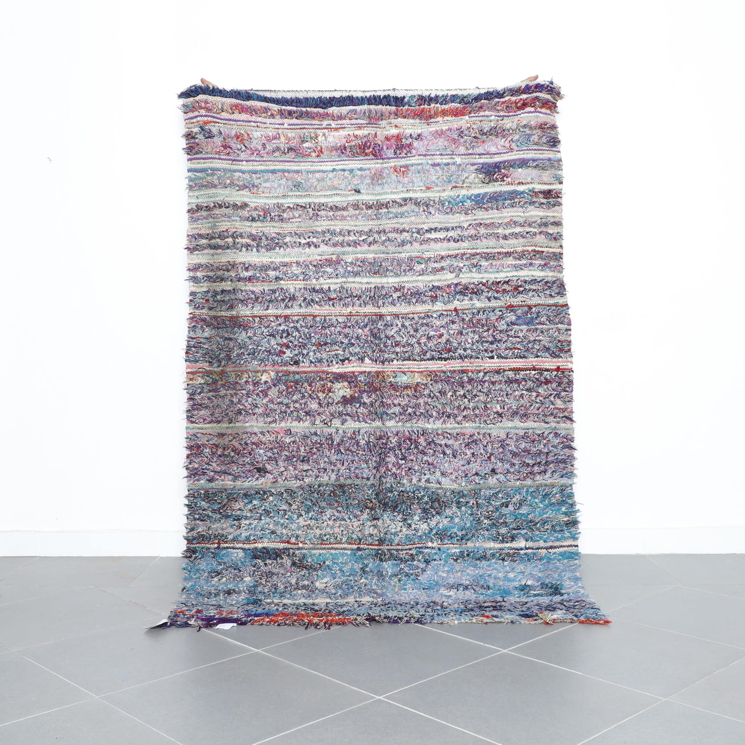 Colorful Moroccan Boucherouite Rug with Horizontal Stripes