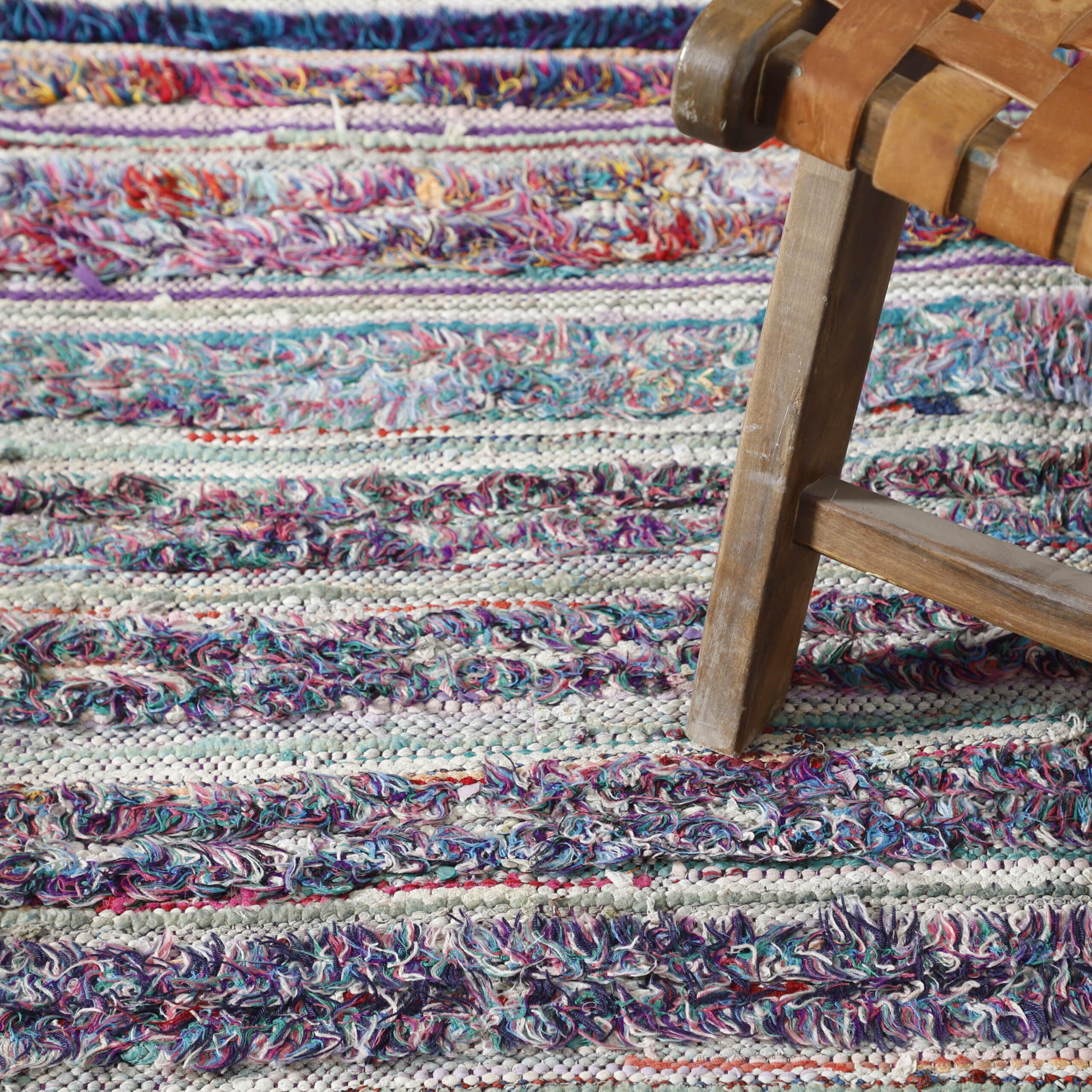 Colorful Moroccan Boucherouite Rug with Horizontal Stripes