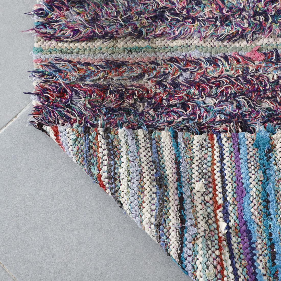 Colorful Moroccan Boucherouite Rug with Horizontal Stripes