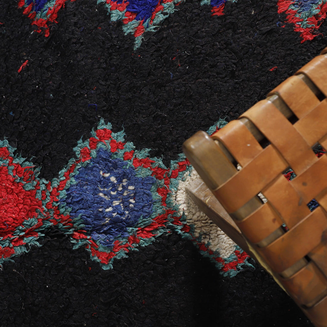 Dark Moroccan Beni Ourain Rug with Colorful Diamonds