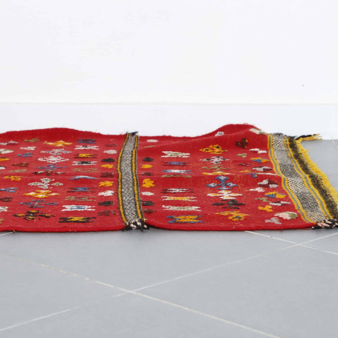 Red Moroccan Kilim rug with Dense Geometric Motifs
