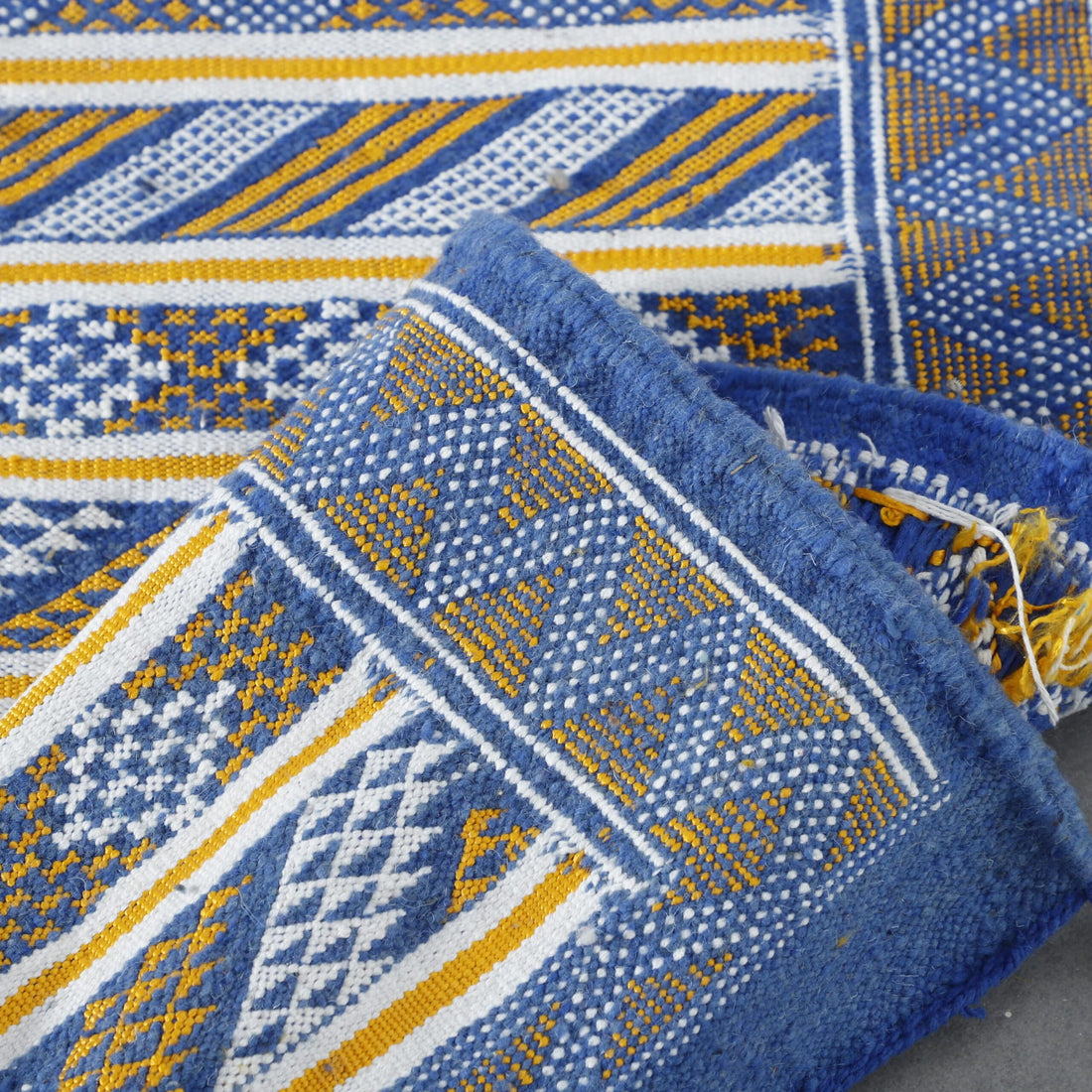 Handmade Blue Moroccan Kilim rug with Geometric Bands