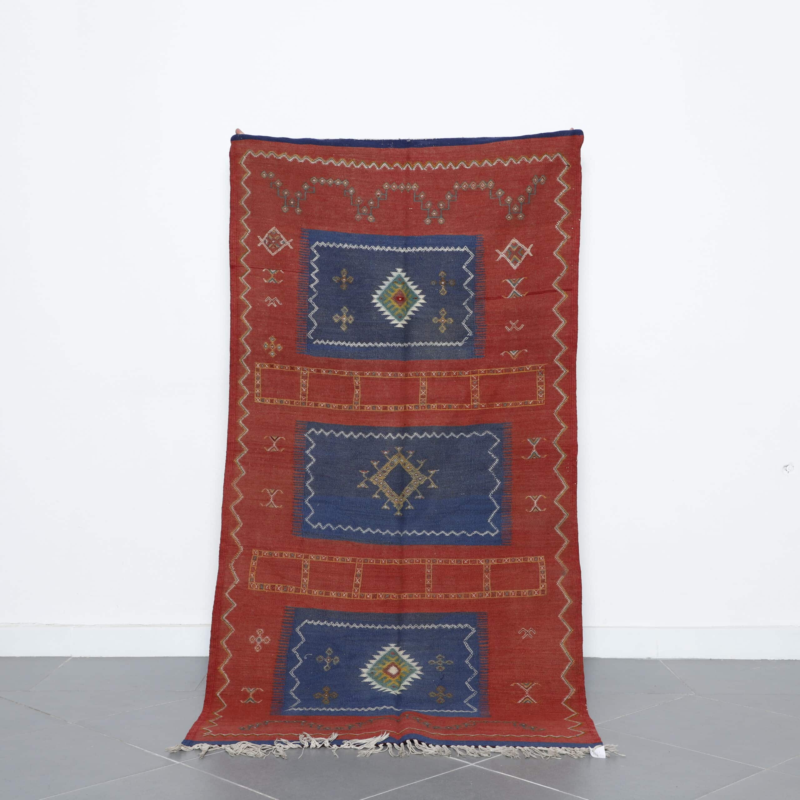 Handwoven Moroccan Kilim rug with Geometric Panels