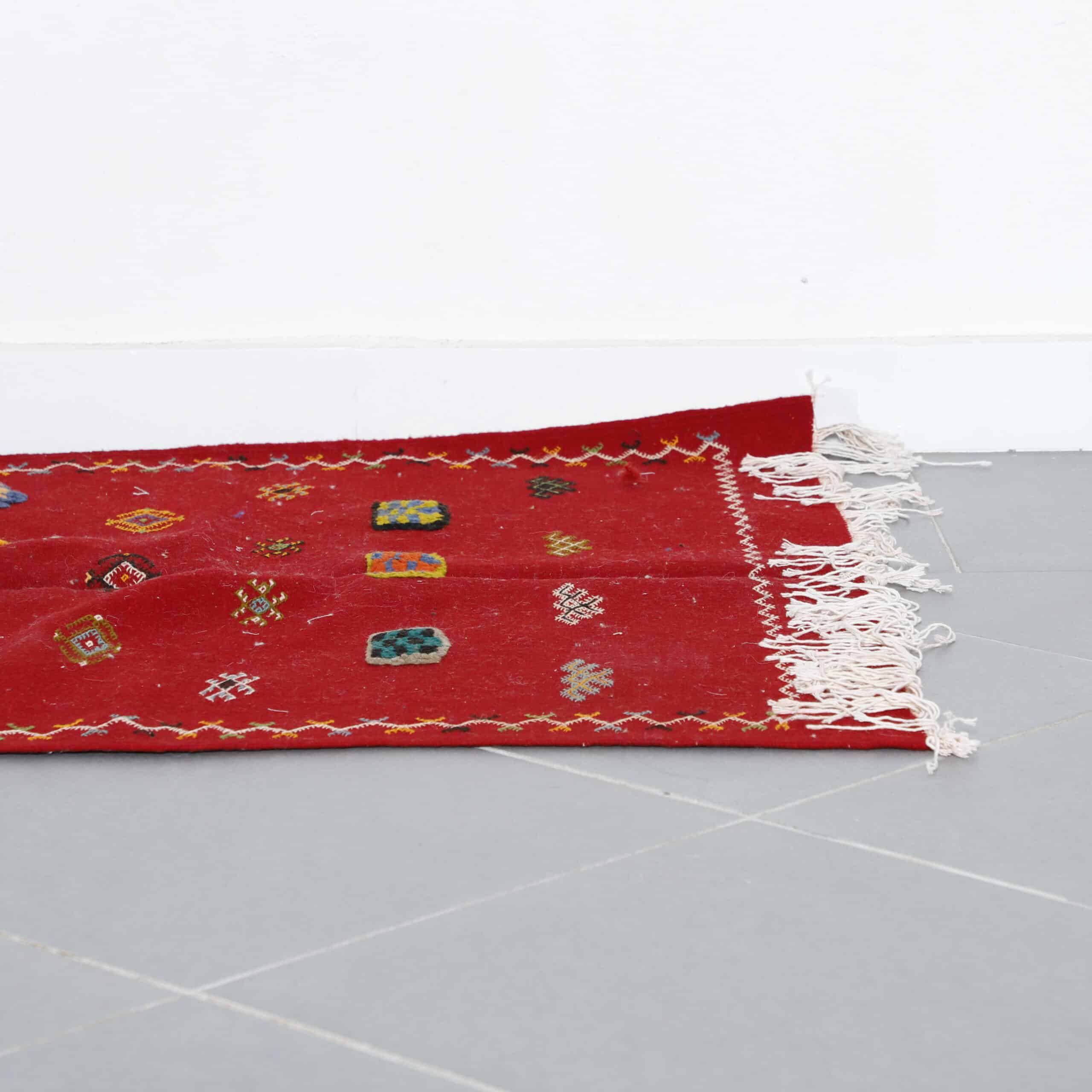 Handmade Red Berber Rug with Colorful Motifs