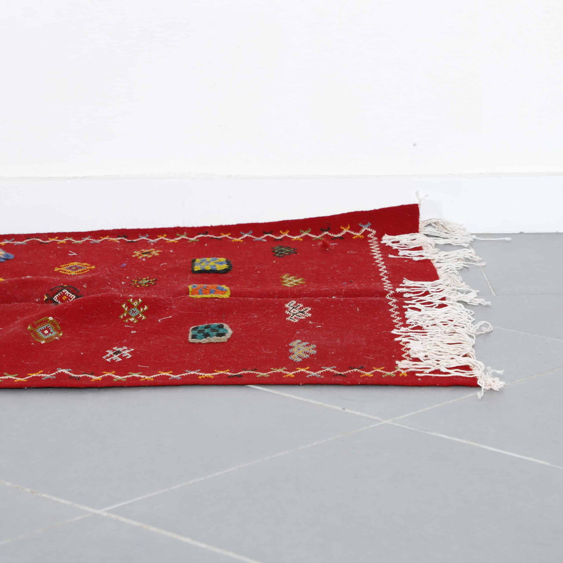 Handmade Red Berber Rug with Colorful Motifs