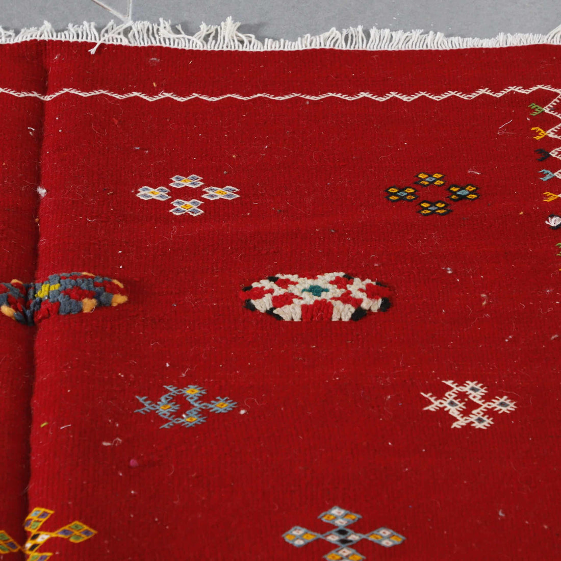 Handmade Red Berber Rug with Colorful Motifs