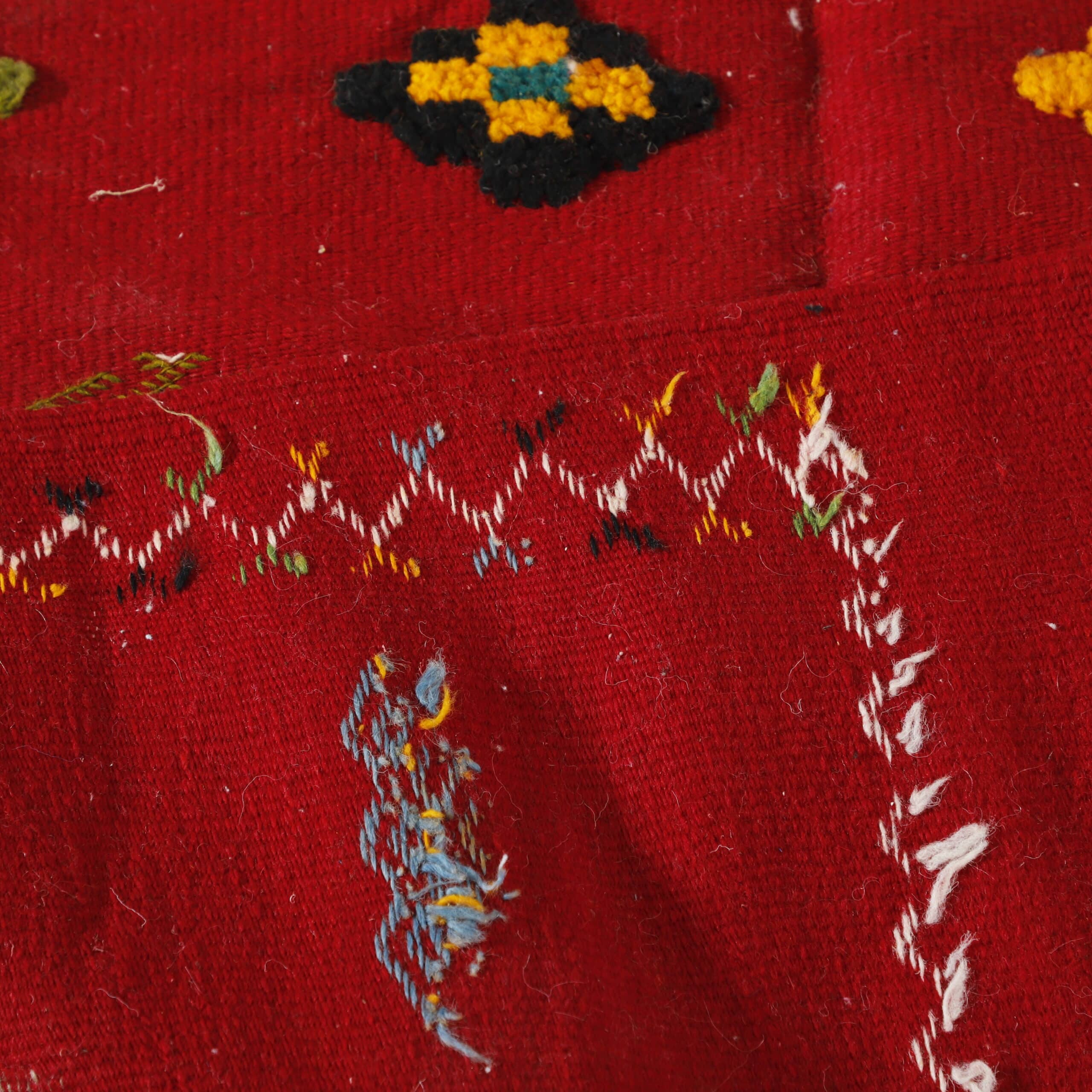 Handmade Red Berber Rug with Colorful Motifs