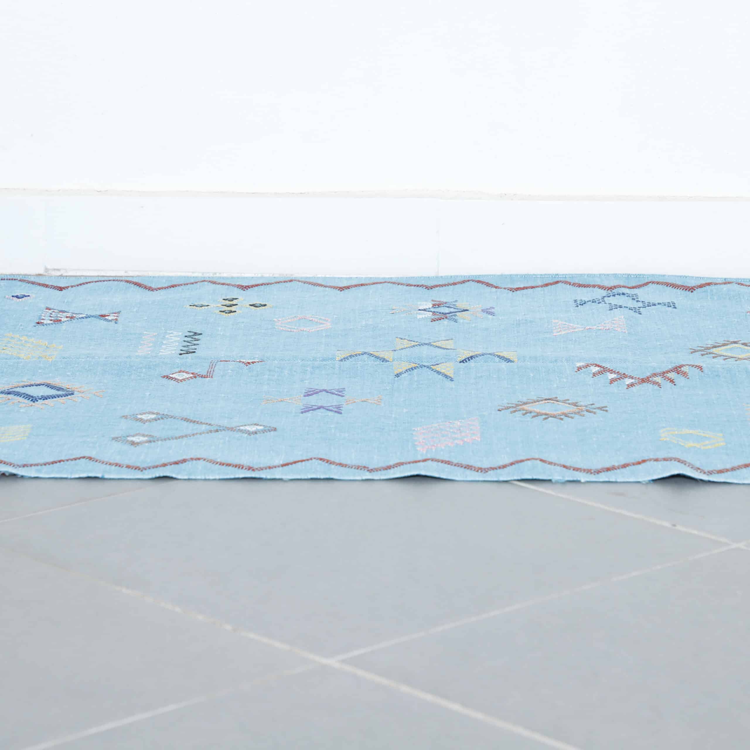Light Blue Moroccan Cactus Silk Rug with Geometric Motifs