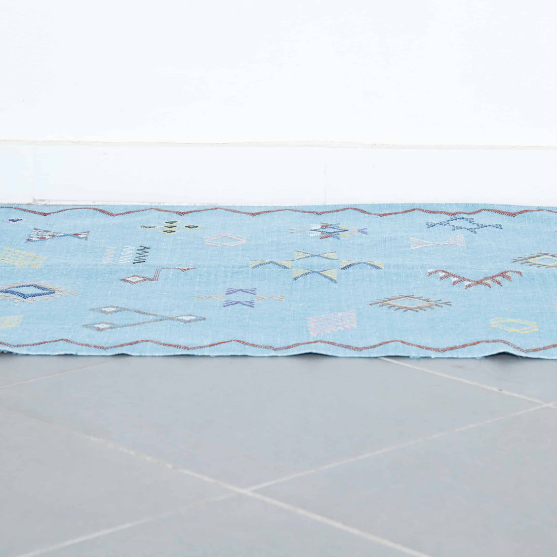 Light Blue Moroccan Cactus Silk Rug with Geometric Motifs