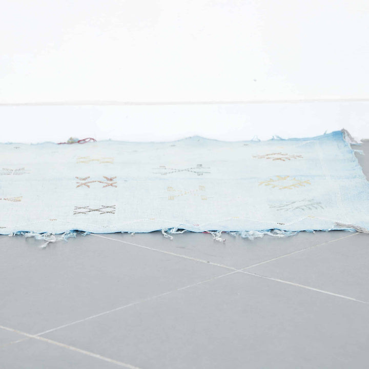 Light Blue Handwoven Moroccan Cactus Silk Rug Geometric