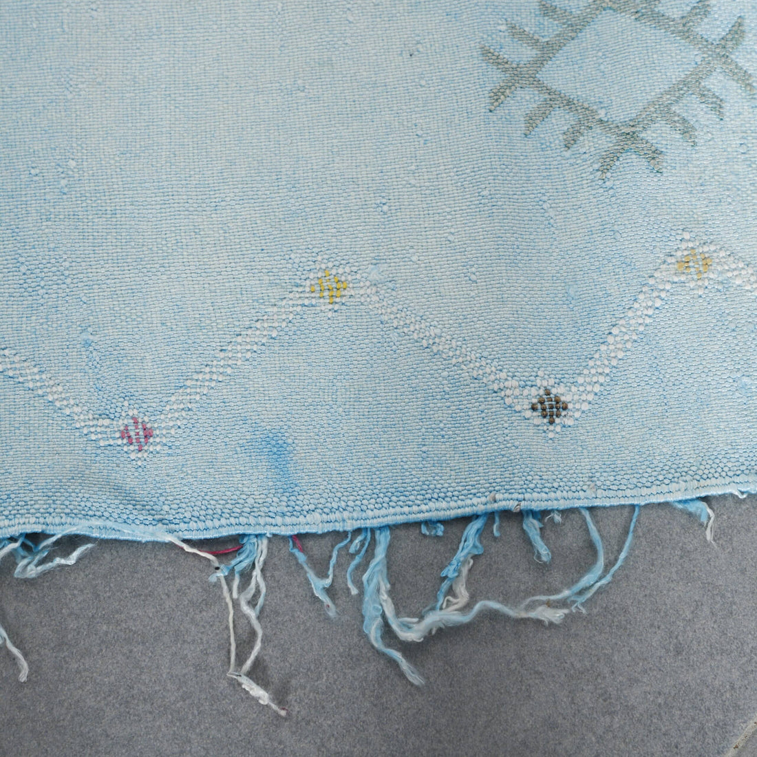 Light Blue Handwoven Moroccan Cactus Silk Rug Geometric