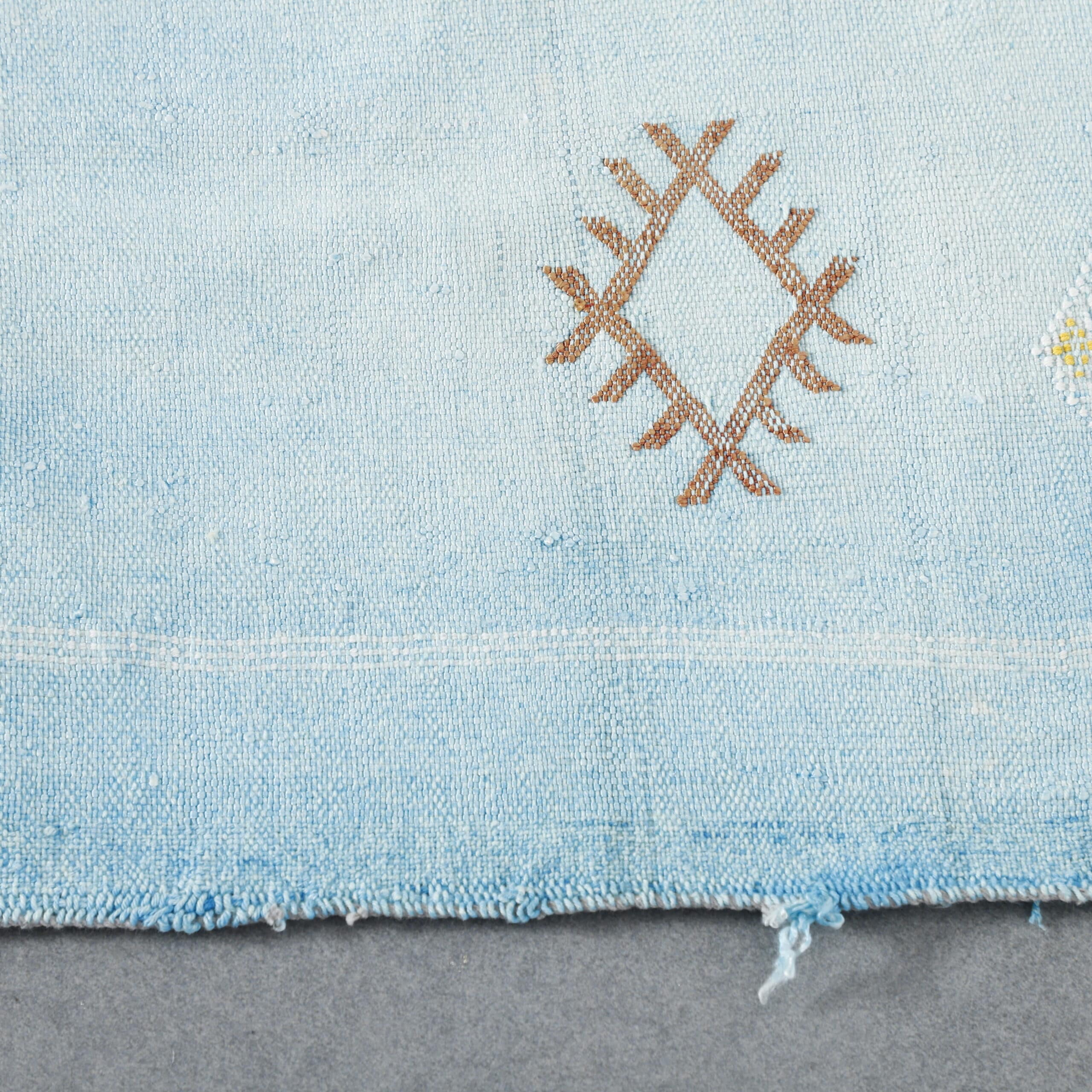 Light Blue Handwoven Moroccan Cactus Silk Rug Geometric