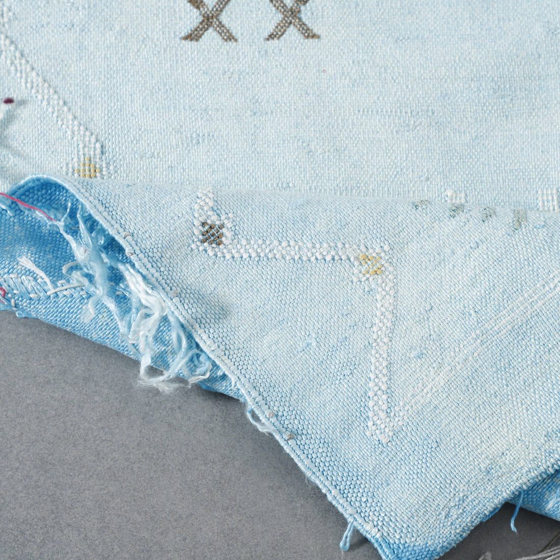 Light Blue Handwoven Moroccan Cactus Silk Rug Geometric