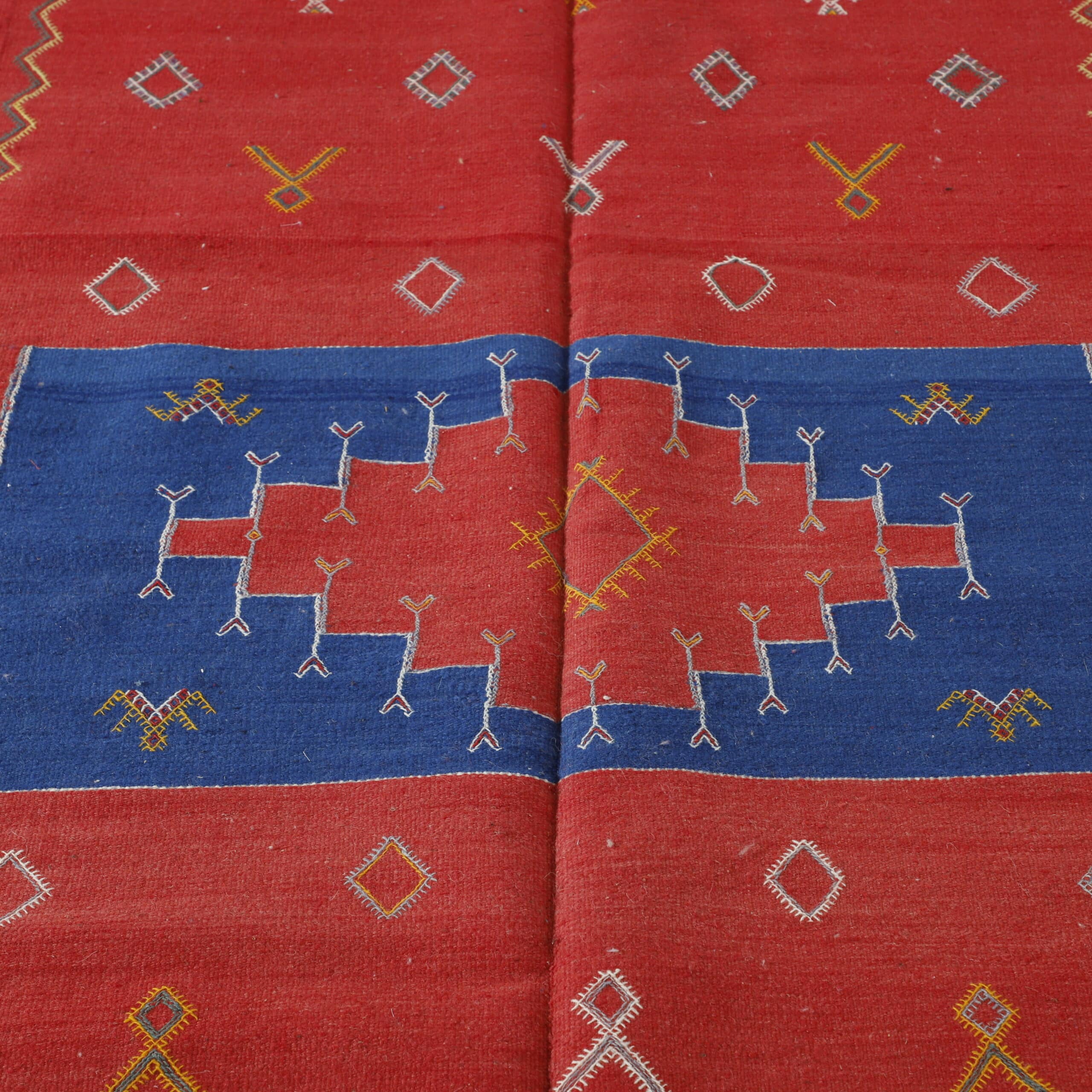 Red and Blue Moroccan Kilim rug with Geometric Motifs