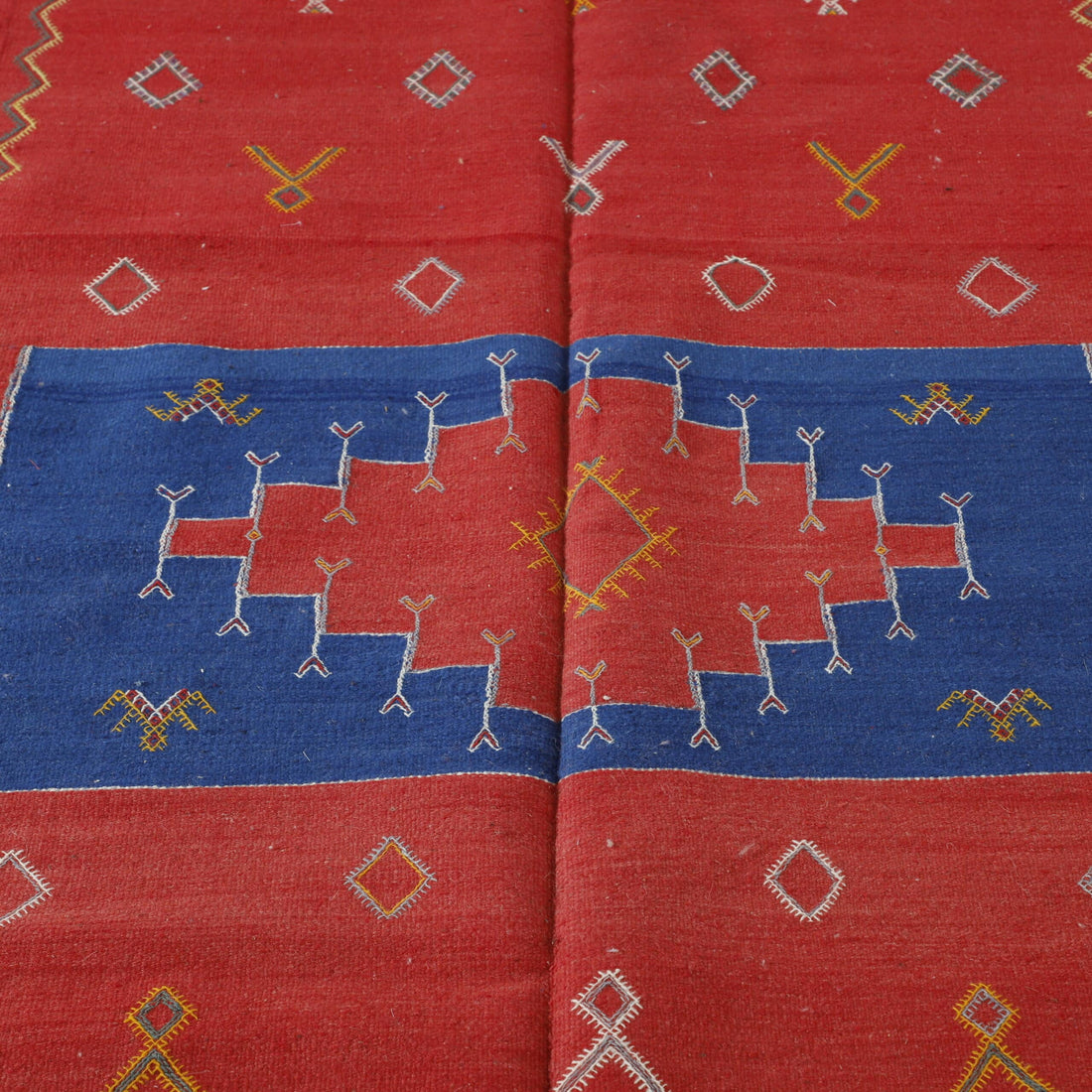 Red and Blue Moroccan Kilim rug with Geometric Motifs