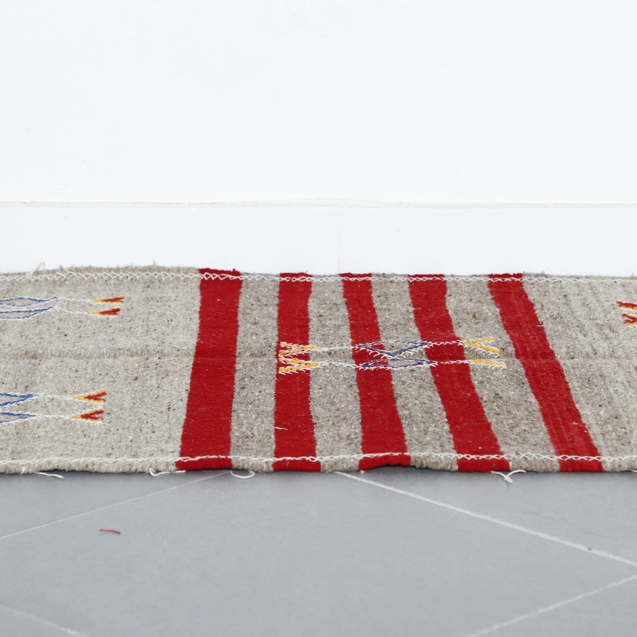 Geometric Moroccan Kilim with Red Stripes