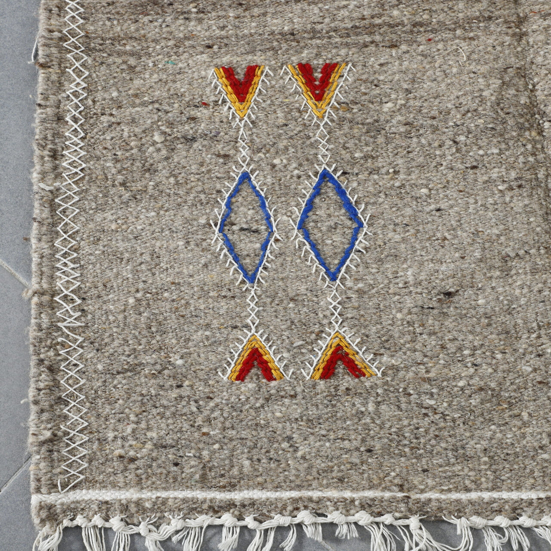 Geometric Moroccan Kilim with Red Stripes