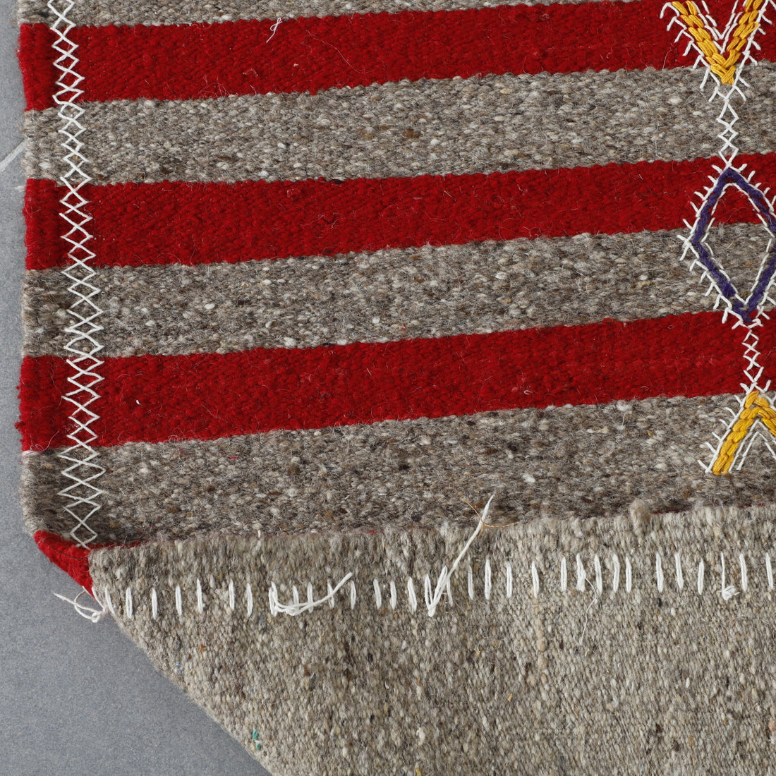 Geometric Moroccan Kilim with Red Stripes