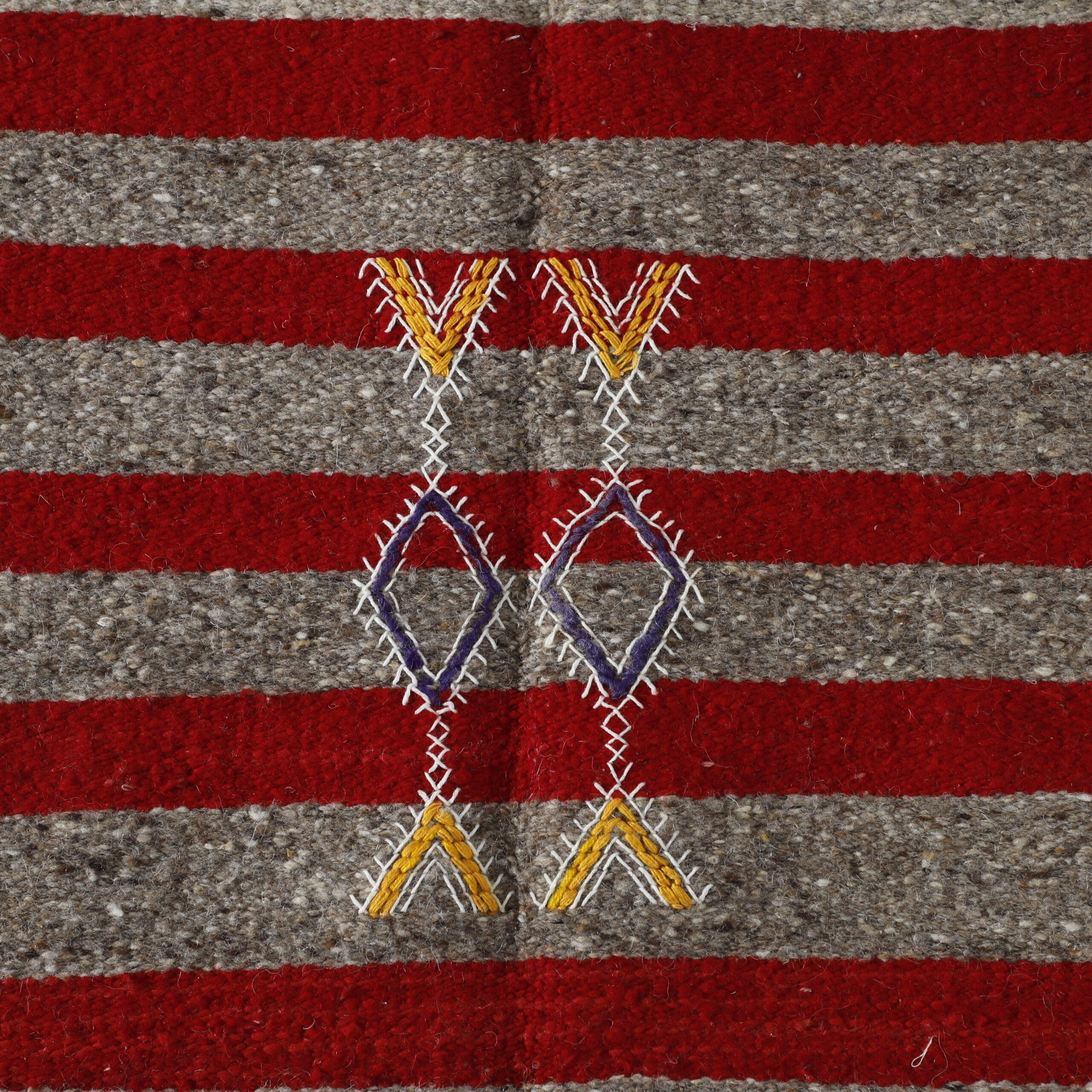 Geometric Moroccan Kilim with Red Stripes