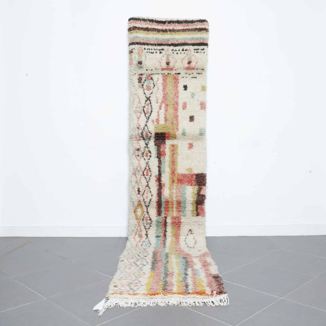 Moroccan Boujaad Rug 10.9×2.3 ft – Handmade Wool Runner with Soft Pastel Abstract Design