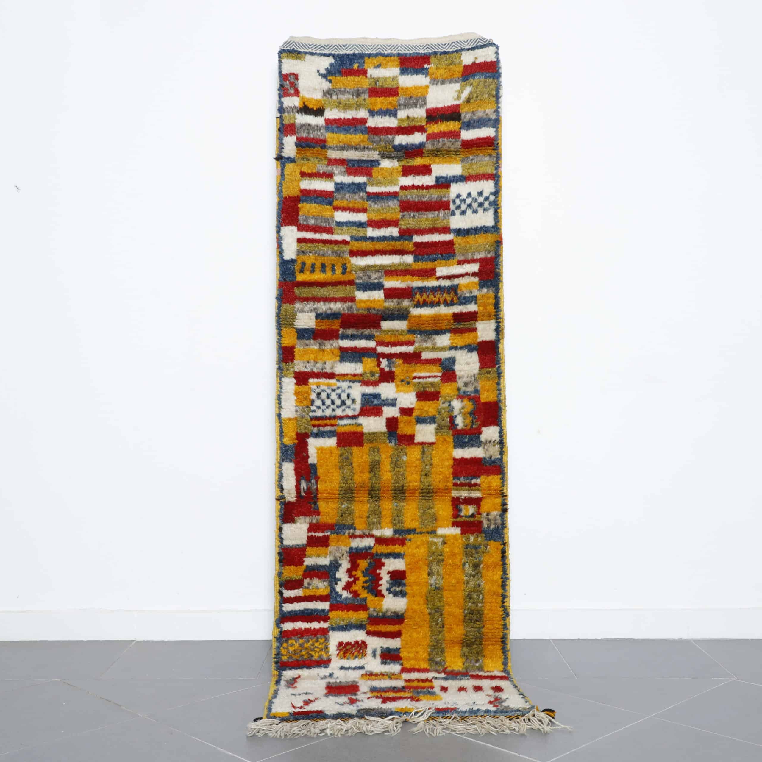 Taznakht Runner 8.3×2.5 ft – Handmade Moroccan Wool Rug in Warm Multicolor Geometric Pattern