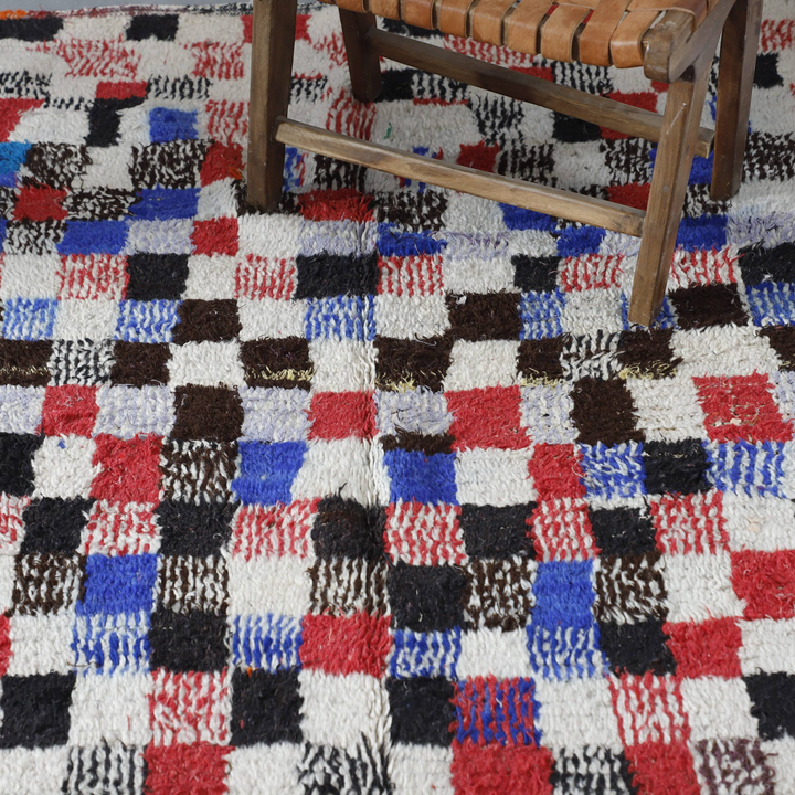 Long Azilal Rug 10.2×4.4 ft – Moroccan Wool in Multicolor Checkered Pattern
