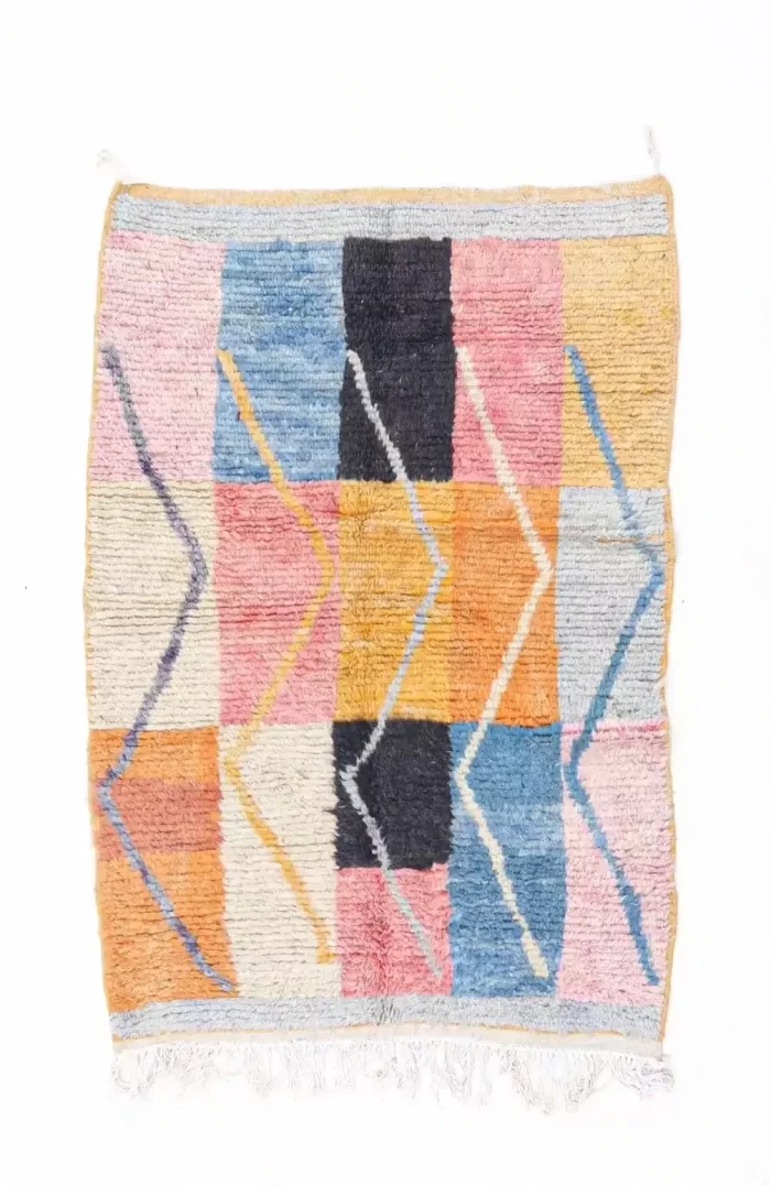 Abstract area rug featuring vibrant colors and artistic patterns