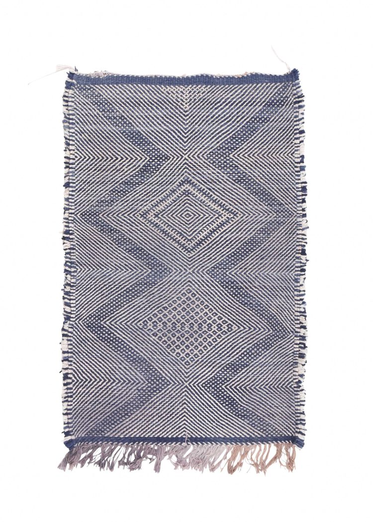 Handwoven Flat Weave Kilim Rug - Blue and White Geometric Design