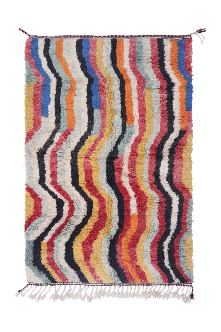 Handwoven Abstract Moroccan Rug with vibrant colors and intricate patterns.